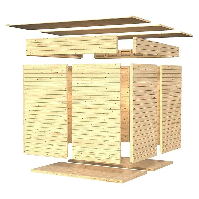 Bertilo Gerätehaus Amrum 3 Plus - Außenmaß inkl. Dachüberstand (B x T): 415 x 199 cm, Holz, Natur - Explosionsansicht eines Holzgartenhauses, das die Einzelteile wie Wände, Boden und Dachelemente zeigt.