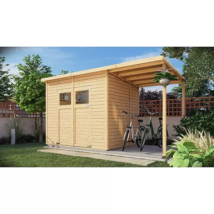 Bertilo Gerätehaus Amrum 3 Plus - Außenmaß inkl. Dachüberstand (B x T): 415 x 199 cm, Holz, Natur - Helles Holz-Gartenhaus mit offenem Anbau, in dem zwei Fahrräder stehen.