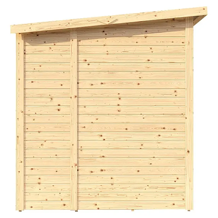 Bertilo Gerätehaus Amrum 2 - Außenmaß inkl. Dachüberstand (B x T): 191 x 199 cm, Holz, Natur - Ansicht einer Gartenhütte mit Bretterwand, die mit Holzbalken verstärkt ist, und einem geneigten Dach für den Außenbereich.