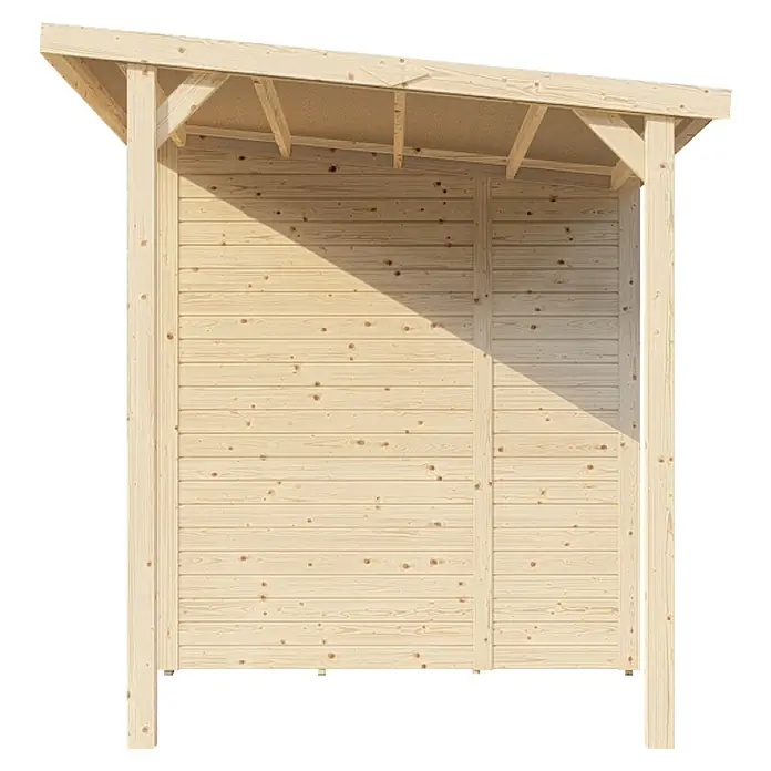 Bertilo Gerätehaus Amrum 3 Plus - Außenmaß inkl. Dachüberstand (B x T): 415 x 199 cm, Holz, Natur - Abbildung eines Holzschuppens mit geneigtem Dach und horizontaler Holzverkleidung. Die Holzstruktur ist hell und verleiht ein natürliches Aussehen.