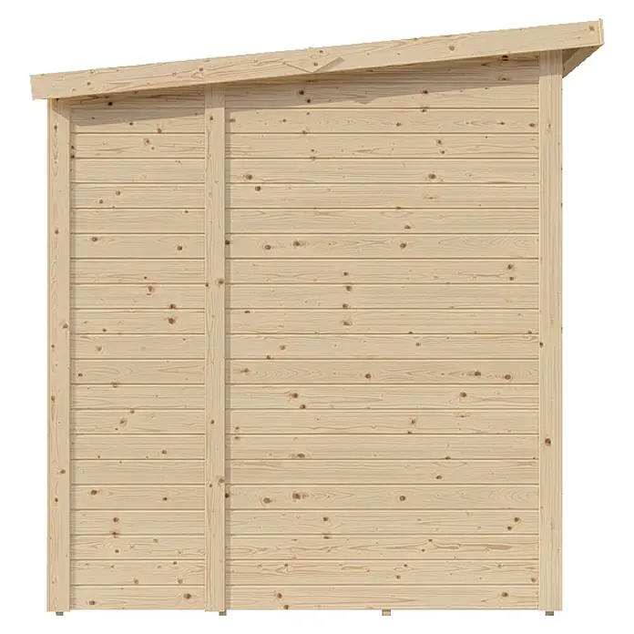 Bertilo Gerätehaus Amrum 3 Plus - Außenmaß inkl. Dachüberstand (B x T): 415 x 199 cm, Holz, Natur - Nahaufnahme einer Holzgartenschuppenwand mit horizontalen Brettern und geneigtem Dach, die die natürliche Maserung und Konstruktion des Schuppens zeigt.