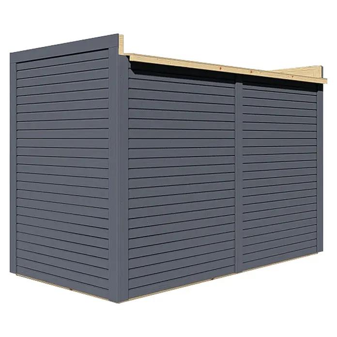 Bertilo Geräteschrank - Anthrazitgrau - Nahaufnahme eines grauen Holzschuppens mit horizontaler Holzverkleidung und hellen Holzrahmen, der eine solide und moderne Bauweise zeigt.