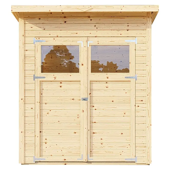 Bertilo Gerätehaus Amrum 2 - Außenmaß inkl. Dachüberstand (B x T): 191 x 199 cm, Holz, Natur - Abbildung eines Holzschuppens mit Doppeltüren und zwei Fenstern. Der Schuppen ist aus hellem Holz gefertigt.
