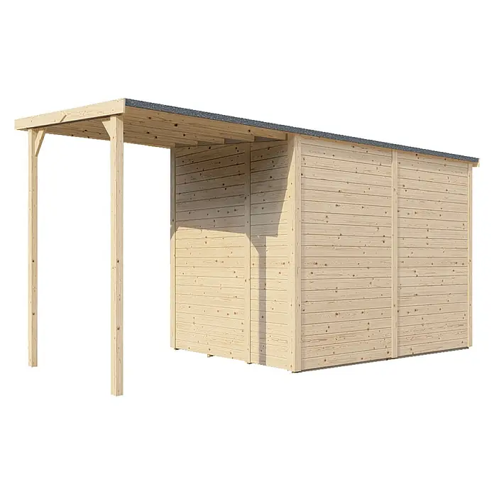 Bertilo Gerätehaus Amrum 3 Plus - Außenmaß inkl. Dachüberstand (B x T): 415 x 199 cm, Holz, Natur - Ein geräumiger Holzschuppen mit Vordach bietet viel Stauraum für Gartengeräte und mehr und schützt vor Wind und Wetter.