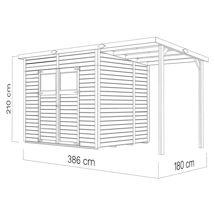 Bertilo Gerätehaus Amrum 3 Plus - Außenmaß inkl. Dachüberstand (B x T): 415 x 199 cm, Holz, Natur - Abbildung eines Gartenhauses mit einer Seitenlänge von 386 cm, einer Höhe von 210 cm und einem Anbau von 180 cm Länge.