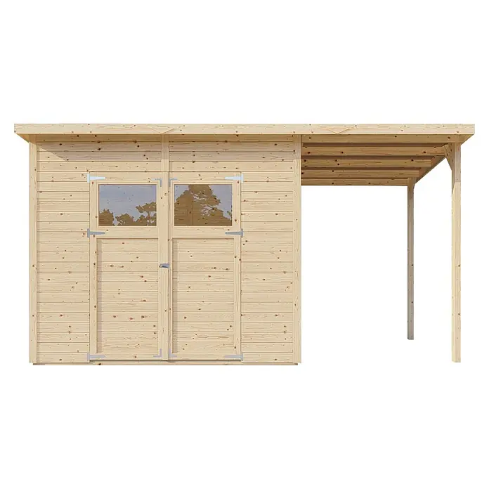 Bertilo Gerätehaus Amrum 3 Plus - Außenmaß inkl. Dachüberstand (B x T): 415 x 199 cm, Holz, Natur - Gartenschuppen mit Doppeltür und Vordach, ideal für die Aufbewahrung von Gartengeräten und -möbeln. Holzkonstruktion mit Fenster.
