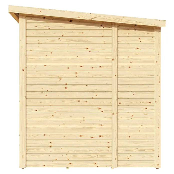 Bertilo Gerätehaus Amrum 2 - Außenmaß inkl. Dachüberstand (B x T): 191 x 199 cm, Holz, Natur - Ein Holzschuppen mit einem Pultdach. Die Holzbretter sind hell und die Oberfläche hat eine schöne Maserung, die die natürliche Schönheit betont.