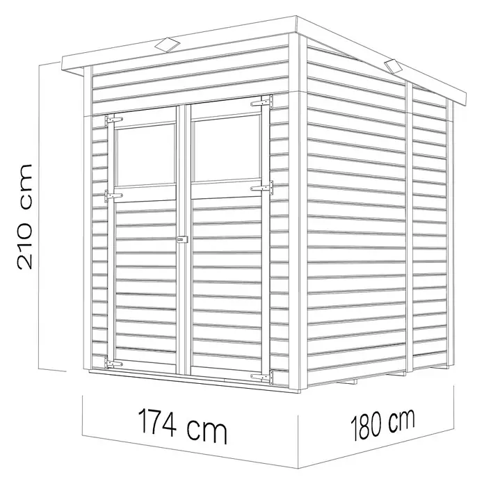 Bertilo Gerätehaus Amrum 2 - Außenmaß inkl. Dachüberstand (B x T): 191 x 199 cm, Holz, Natur - Abbildung eines Gartenhauses mit den Maßen 210 cm Höhe, 174 cm Breite und 180 cm Tiefe, dargestellt in einer technischen Zeichnung.