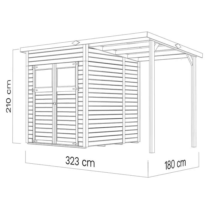 Bertilo Gerätehaus Amrum 2 Plus - Außenmaß inkl. Dachüberstand (B x T): 334 x 199 cm, Holz, Natur - Illustration eines Gartenhauses mit Vordach, das eine detaillierte Darstellung der Abmessungen und der Konstruktion zeigt.
