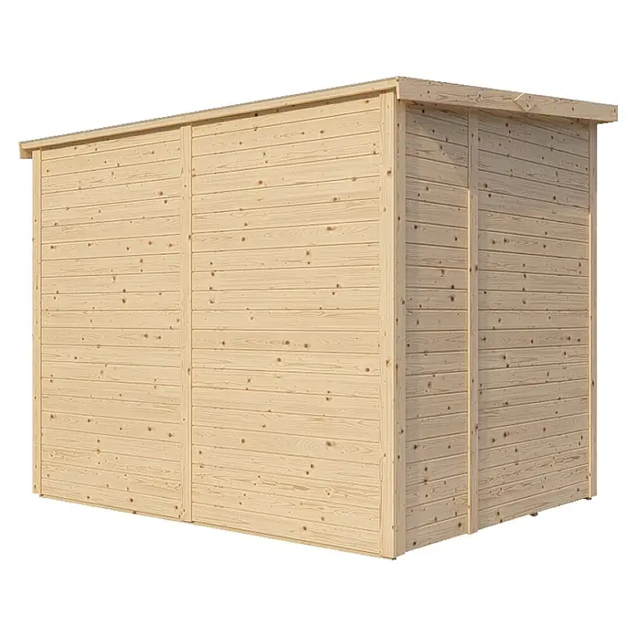 Bertilo Gerätehaus Amrum 3 - Außenmaß inkl. Dachüberstand (B x T): 251 x 199 cm, Holz, Natur - Ansicht eines hellen Holzgartenschuppens mit horizontalen Brettern und geradlinigem Design.