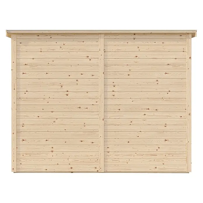 Bertilo Gerätehaus Amrum 3 - Außenmaß inkl. Dachüberstand (B x T): 251 x 199 cm, Holz, Natur - Detailaufnahme einer hellen Holzwand mit horizontalen Brettern und natürlicher Maserung, ideal für Gartenhäuser oder Holzkonstruktionen.