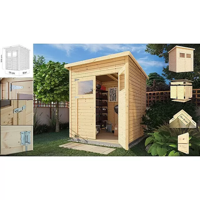 Bertilo Gerätehaus Amrum 2 - Außenmaß inkl. Dachüberstand (B x T): 191 x 199 cm, Holz, Natur - Naturholz-Gartenschuppen mit Fenster und offener Tür im Garten, mit Innenregalen, Maßen, Beschlägen und Holzbaudetails.