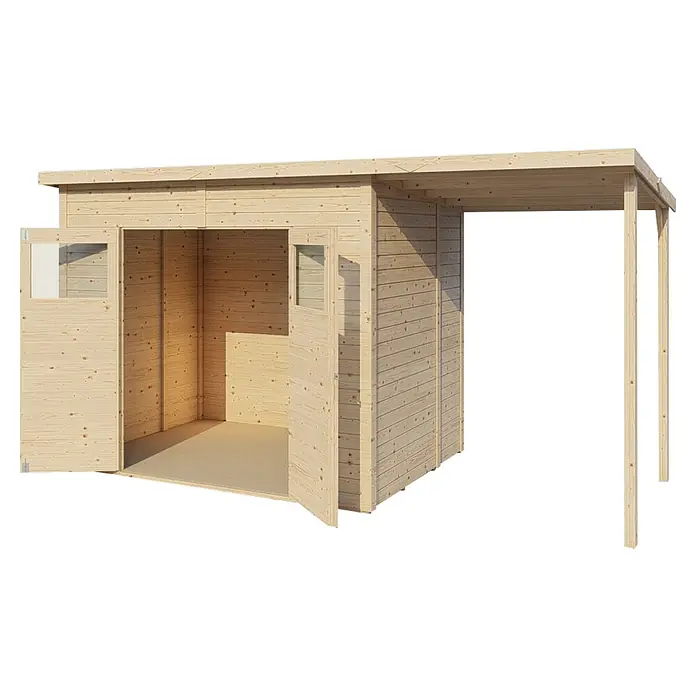 Bertilo Gerätehaus Amrum 3 Plus - Außenmaß inkl. Dachüberstand (B x T): 415 x 199 cm, Holz, Natur - Helles Holzgartenhaus mit offenstehender Tür und Vordach, ideal für die Aufbewahrung von Gartengeräten und als wettergeschützter Unterstand.