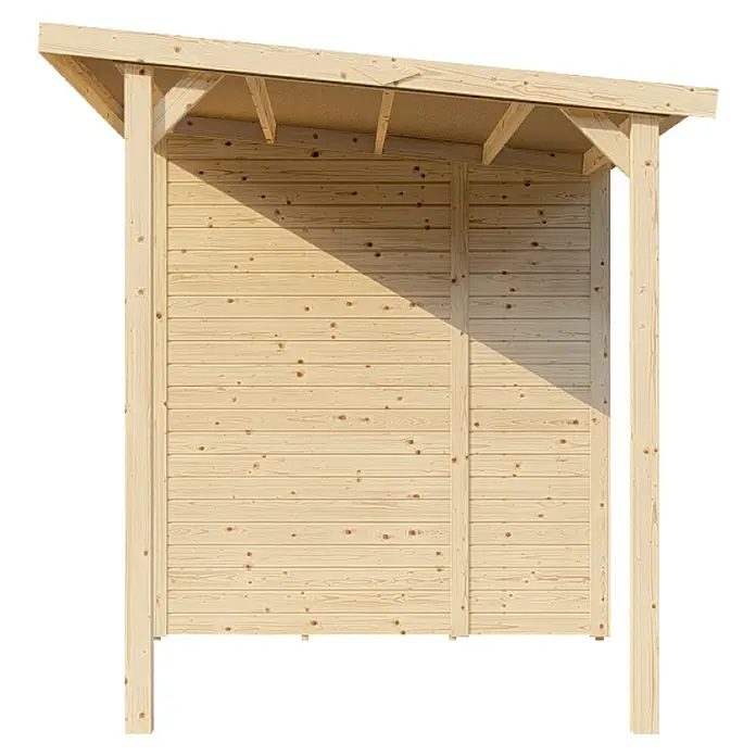 Bertilo Gerätehaus Amrum 2 Plus - Außenmaß inkl. Dachüberstand (B x T): 334 x 199 cm, Holz, Natur - Das Bild zeigt eine Holzkonstruktion, möglicherweise ein Unterstand oder eine Gartenlaube, mit einem geneigten Dach und stabilen Holzpfosten.