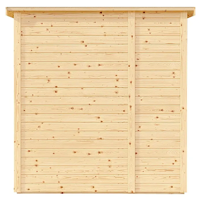 Bertilo Gerätehaus Amrum 2 - Außenmaß inkl. Dachüberstand (B x T): 191 x 199 cm, Holz, Natur - Ansicht einer Holzwand mit horizontalen Brettern und vertikalen Verstrebungen. Holzstruktur deutlich sichtbar.