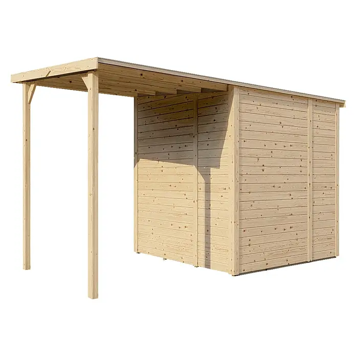 Bertilo Gerätehaus Amrum 2 Plus - Außenmaß inkl. Dachüberstand (B x T): 334 x 199 cm, Holz, Natur - Abbildung eines Holzschuppens mit Vordach. Das Holzschuppen ist aus hellem Holz gefertigt und hat ein schlichtes, modernes Design.
