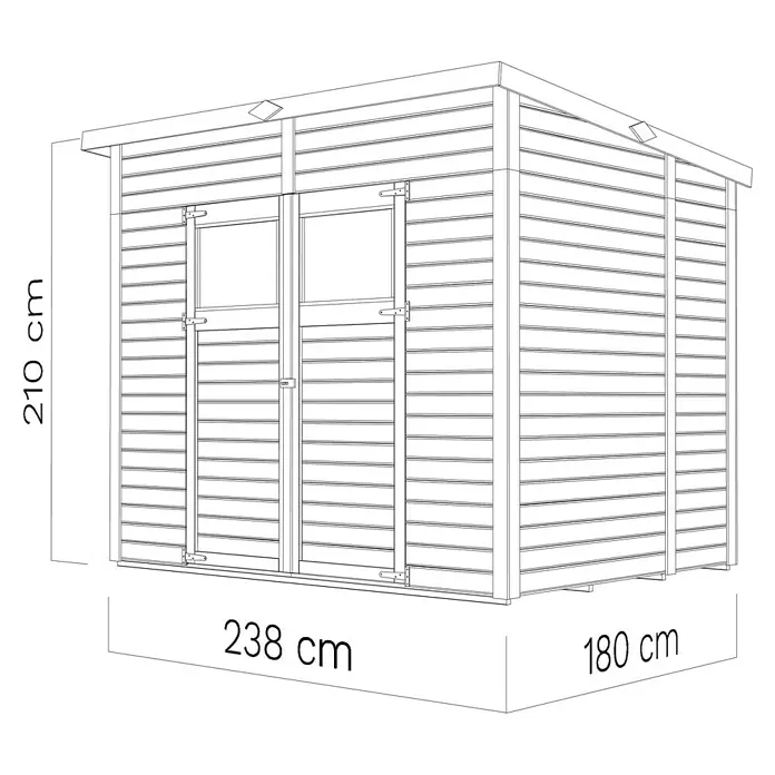 Bertilo Gerätehaus Amrum 3 - Außenmaß inkl. Dachüberstand (B x T): 251 x 199 cm, Holz, Natur - Draufsicht auf ein Holzgartenhaus mit den Maßen 210 cm Höhe, 238 cm Breite und 180 cm Tiefe.