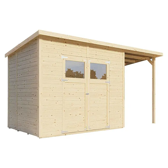Bertilo Gerätehaus Amrum 3 Plus - Außenmaß inkl. Dachüberstand (B x T): 415 x 199 cm, Holz, Natur - Abbildung eines Holzschuppens mit Doppeltür und einem kleinen Vordach, ideal für die Gartenaufbewahrung.