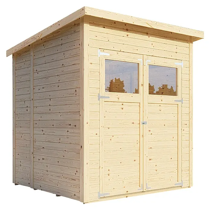 Bertilo Gerätehaus Amrum 2 - Außenmaß inkl. Dachüberstand (B x T): 191 x 199 cm, Holz, Natur - Ein hölzernes Gartenhaus mit Doppeltüren und Fenstern, ideal für die Lagerung von Gartengeräten oder als Werkstatt im Freien.