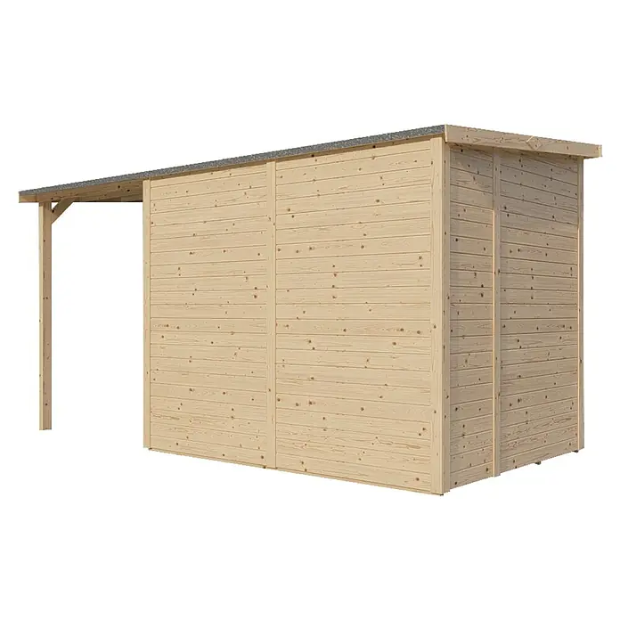 Bertilo Gerätehaus Amrum 3 Plus - Außenmaß inkl. Dachüberstand (B x T): 415 x 199 cm, Holz, Natur - Bild eines Holzschuppens mit einem einfachen Pultdach und einer offenen Seite, der sich ideal für die Lagerung im Freien eignet.