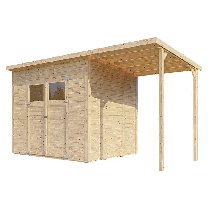 Bertilo Gerätehaus Amrum 3 Plus - Außenmaß inkl. Dachüberstand (B x T): 415 x 199 cm, Holz, Natur - Holzgartenhaus mit einem Anbau. Das Haus ist aus hellem Holz gefertigt und hat zwei Fenster und eine Doppeltür.