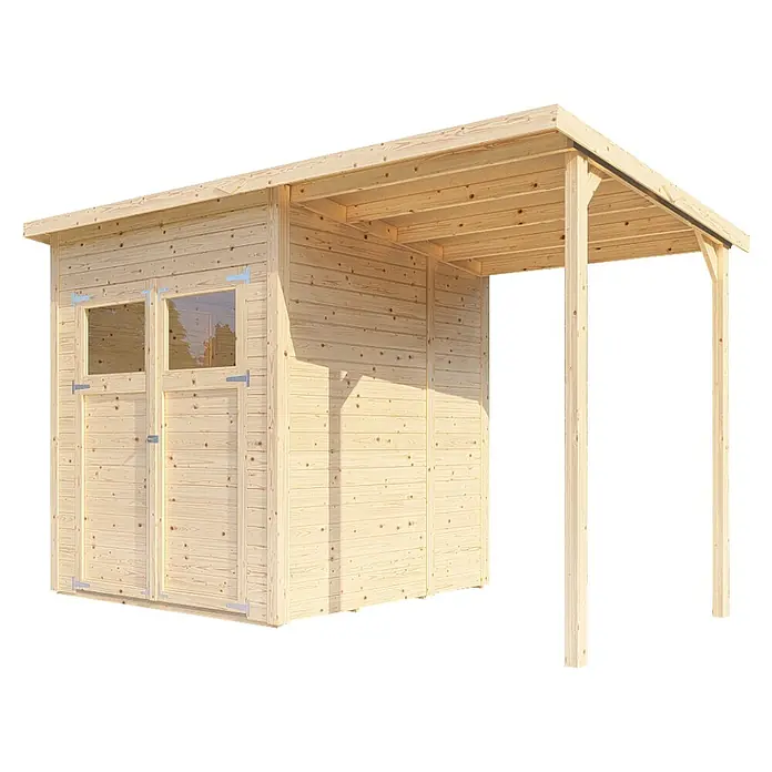 Bertilo Gerätehaus Amrum 2 Plus - Außenmaß inkl. Dachüberstand (B x T): 334 x 199 cm, Holz, Natur - Ansicht eines Holzgartenhauses mit zwei Fenstern und Doppeltüren sowie einem überdachten Bereich.