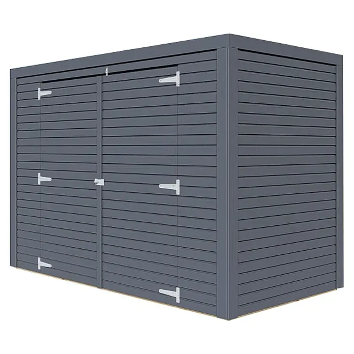 Bertilo Geräteschrank - Anthrazitgrau - Ein graues Gartenhaus mit Doppeltüren und weißen Scharnieren. Ideal zur Aufbewahrung von Gartengeräten und mehr.