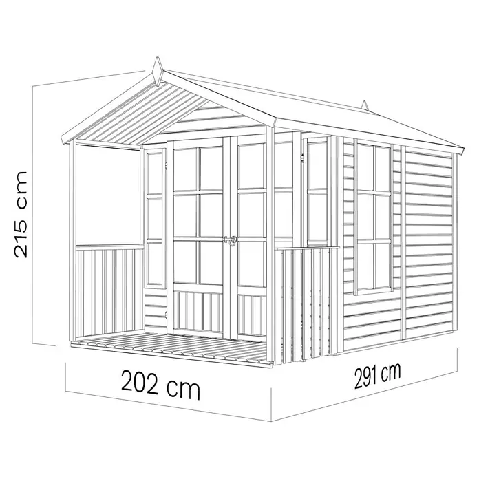 Bertilo Gartenhaus Arley - Außenmaß inkl. Dachüberstand (B x T): 214 x 305 cm, Holz, Natur - Abbildung eines Gartenhauses mit den Maßen 215 cm Höhe, 202 cm Breite und 291 cm Länge.