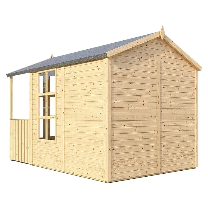Bertilo Gartenhaus Arley - Außenmaß inkl. Dachüberstand (B x T): 214 x 305 cm, Holz, Natur - Das Bild zeigt ein charmantes Holzgartenhaus mit einem Satteldach und einem kleinen überdachten Eingangsbereich. Es ist ideal für Kinder zum Spielen.