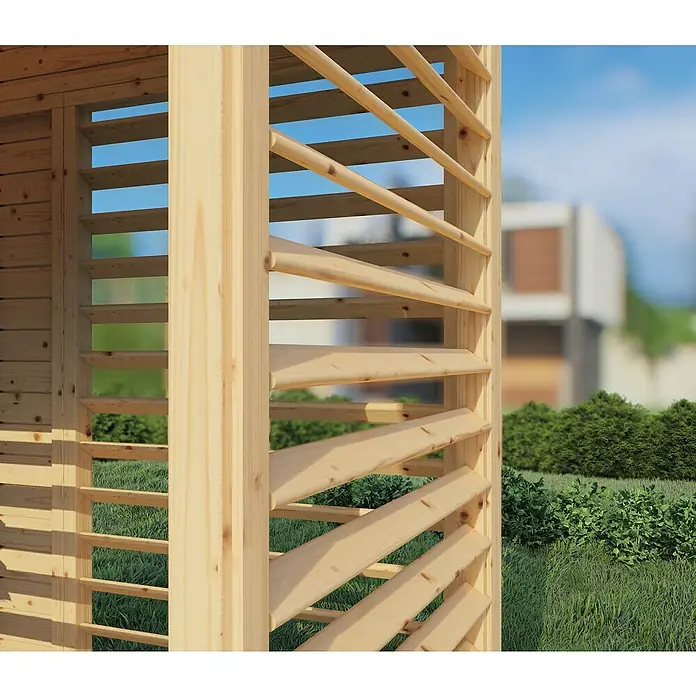 Bertilo Gartenlaube 2 - Außenmaß inkl. Dachüberstand (B x T): 337 x 240 cm, Holz, Natur - Detailansicht eines Holzpavillons mit Lamellenwand. Die Holzkonstruktion bietet Sichtschutz und lässt gleichzeitig Licht durch.