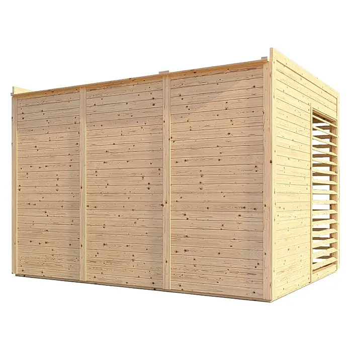Bertilo Gartenlaube 2 - Außenmaß inkl. Dachüberstand (B x T): 337 x 240 cm, Holz, Natur - Das Bild zeigt ein Gartenhaus aus hellem Holz mit Lamellenfenstern, das sich ideal für die Aufbewahrung oder als kleiner Arbeitsraum eignet.