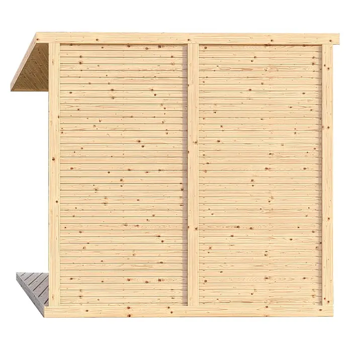 Bertilo Gerätehaus Concept Design - Außenmaß inkl. Dachüberstand (B x T): 237 x 310 cm, Holz, Natur - Ansicht einer Holzhütte mit horizontaler Holzverkleidung, die eine natürliche und rustikale Ästhetik für den Garten bietet.