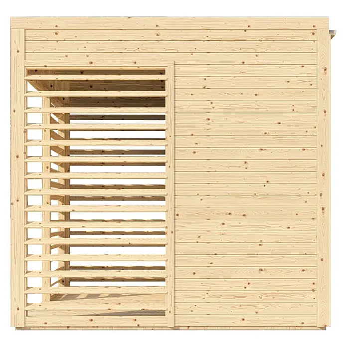 Bertilo Gartenlaube 1 - Außenmaß inkl. Dachüberstand (B x T): 226 x 240 cm, Holz, Natur - Abbildung eines hölzernen Gartenhauses mit offenem Bereich. Ideal als stilvoller Unterstand im Garten, gefertigt aus hellem Holz.