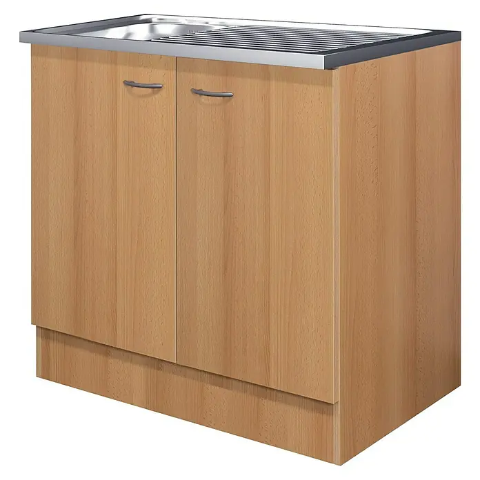 Flex-Well Komplettspüle - 100 x 50 cm, Buche-Nachbildung - Unterschrank mit Spüle und zwei Türen in Holzoptik. Der Schrank bietet Stauraum und ist ideal für Küche oder Waschküche.
