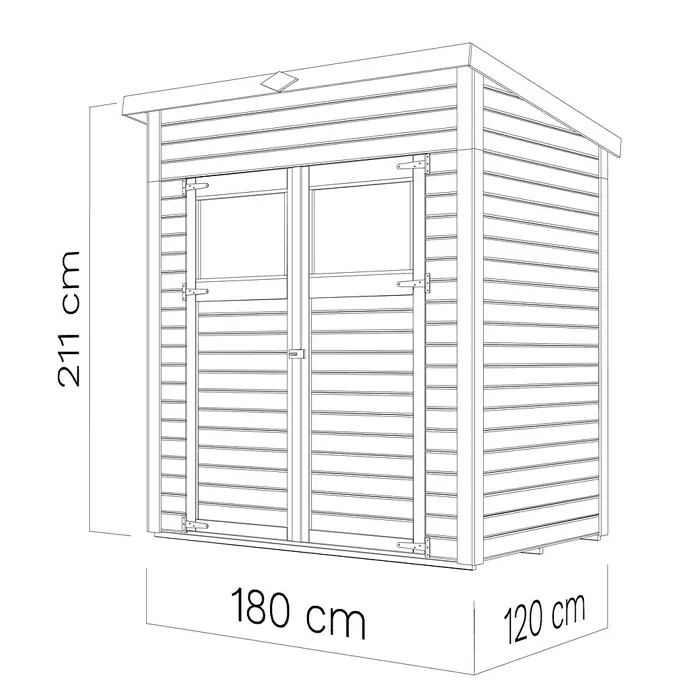Bertilo Gerätehaus Amrum 1 - Außenmaß inkl. Dachüberstand (B x T): 191 x 139 cm, Holz, Natur - Abbildung eines Gartenhauses mit den Maßen 211 cm Höhe, 180 cm Breite und 120 cm Tiefe.