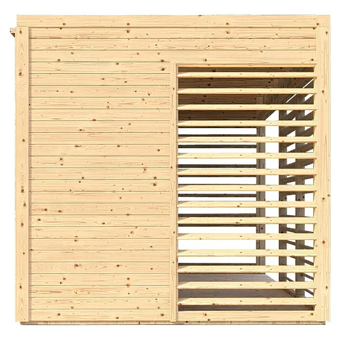 Bertilo Gartenlaube 2 - Außenmaß inkl. Dachüberstand (B x T): 337 x 240 cm, Holz, Natur - Detailansicht einer hellen, unbehandelten Holzwand mit einem offenen, lamellenartigen Fensterbereich, der die Konstruktion zeigt.