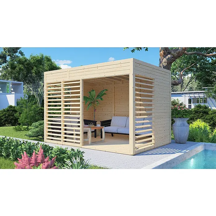 Bertilo Gartenlaube 2 - Außenmaß inkl. Dachüberstand (B x T): 337 x 240 cm, Holz, Natur - Holzpavillon mit Lamellenwänden, ausgestattet mit Sitzgelegenheiten und Tisch. Ideal für den Garten als stilvoller Rückzugsort.