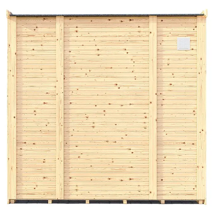 Bertilo Gerätehaus Concept Design - Außenmaß inkl. Dachüberstand (B x T): 237 x 310 cm, Holz, Natur - Ansicht einer Holzwand mit Brettern und Verstrebungen, ideal für Bauprojekte oder als natürliche Textur.