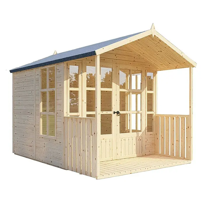 Bertilo Gartenhaus Arley - Außenmaß inkl. Dachüberstand (B x T): 214 x 305 cm, Holz, Natur - Geräumiges Gartenhaus mit großen Fenstern und überdachter Veranda für entspannte Stunden im Freien.