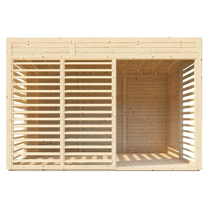 Bertilo Gartenlaube 2 - Außenmaß inkl. Dachüberstand (B x T): 337 x 240 cm, Holz, Natur - Die Abbildung zeigt ein Gartenhaus aus Holz mit Lamellenfenstern und -wänden, das sich ideal für den Garten eignet und eine rustikale Atmosphäre schafft.
