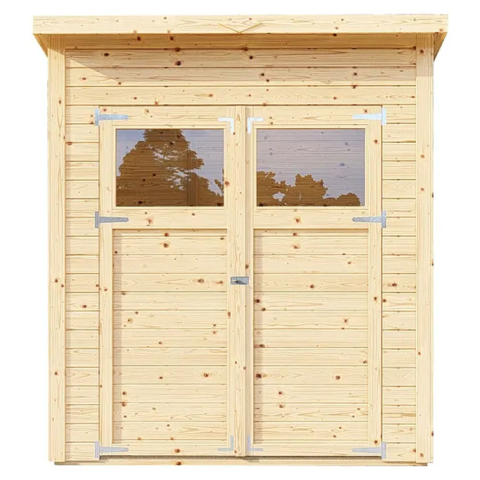 Bertilo Gerätehaus Amrum 1 - Außenmaß inkl. Dachüberstand (B x T): 191 x 139 cm, Holz, Natur - Eine Holzhütte mit Doppeltür und Fenstern im oberen Bereich, ideal als Gartenhaus oder zur Aufbewahrung von Gartengeräten.