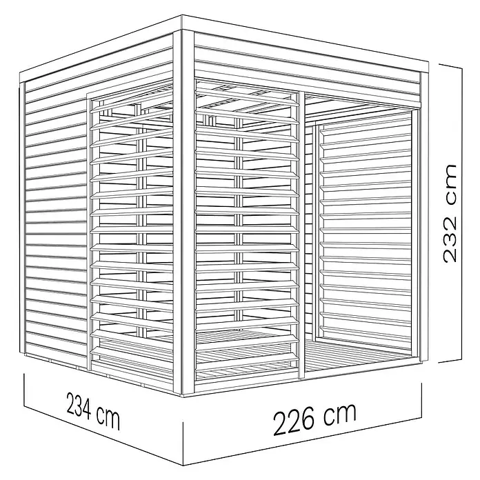 Bertilo Gartenlaube 1 - Außenmaß inkl. Dachüberstand (B x T): 226 x 240 cm, Holz, Natur - Abbildung einer modernen Holzpergola mit den Maßen 234 x 226 x 232 cm. Das Design ist schlicht und funktional.
