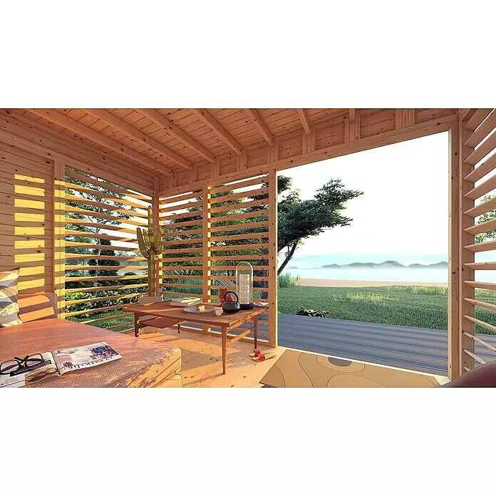 Bertilo Gartenlaube 2 - Außenmaß inkl. Dachüberstand (B x T): 337 x 240 cm, Holz, Natur - Holzpavillon mit Lamellenwänden, ausgestattet mit Tagesbett und Tisch, mit Blick auf eine ruhige Landschaft.