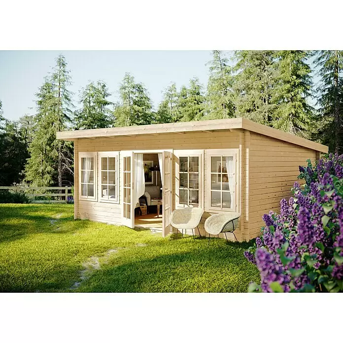 Palmako Caseta de jardín Lisa - Medidas ext. (An x Pr): 578 x 447 cm, Madera, Natural - Caseta de jardín de madera clara con puertas dobles y ventanas, ubicada en una zona de césped con árboles.