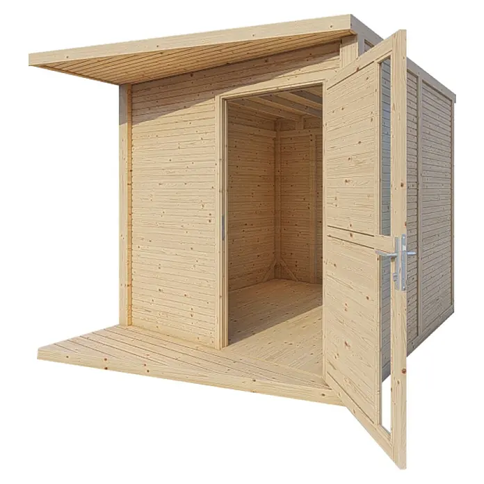 Bertilo Gerätehaus Concept Design - Außenmaß inkl. Dachüberstand (B x T): 237 x 310 cm, Holz, Natur - Einladender Holzschuppen mit offener Tür, der die natürliche Holzstruktur und die einladende Atmosphäre betont.