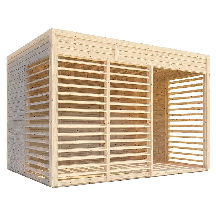 Bertilo Gartenlaube 2 - Außenmaß inkl. Dachüberstand (B x T): 337 x 240 cm, Holz, Natur - Ansicht eines hölzernen Gartenhauses mit Lamellenwänden und einem offenen Eingangsbereich. Das Haus bietet Schutz vor Sonne und Wind.