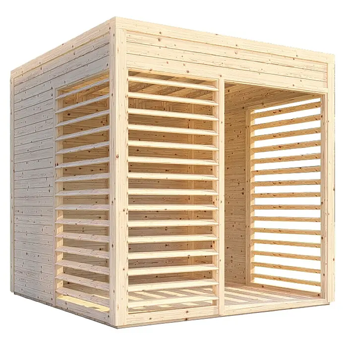 Bertilo Gartenlaube 1 - Außenmaß inkl. Dachüberstand (B x T): 226 x 240 cm, Holz, Natur - Ein ansprechendes, helles Holzgartenhaus mit offenem Lamellendesign für viel Licht und Luft. Perfekt für den Garten als Rückzugsort.