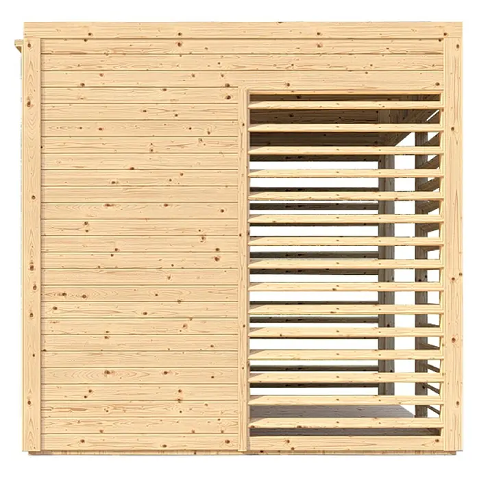 Bertilo Gartenlaube 1 - Außenmaß inkl. Dachüberstand (B x T): 226 x 240 cm, Holz, Natur - Holzschuppen-Detailansicht mit horizontalen Holzlamellen für Luftzirkulation und natürliche Optik.  Ideal für Garten und Werkstatt.