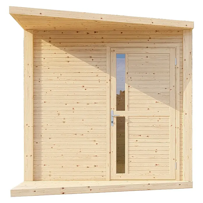 Bertilo Gerätehaus Concept Design - Außenmaß inkl. Dachüberstand (B x T): 237 x 310 cm, Holz, Natur - Detailansicht eines Holzgartenhauses mit Tür und Vordach, das natürliches Aussehen und Funktionalität vereint. Ideal für jeden Garten.