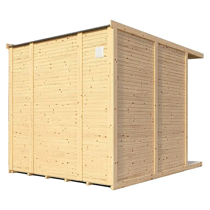 Bertilo Gerätehaus Concept Design - Außenmaß inkl. Dachüberstand (B x T): 237 x 310 cm, Holz, Natur - Ein Holzhaus mit horizontaler Holzverkleidung und einem kleinen Fenster, das sich ideal für den Garten eignet.